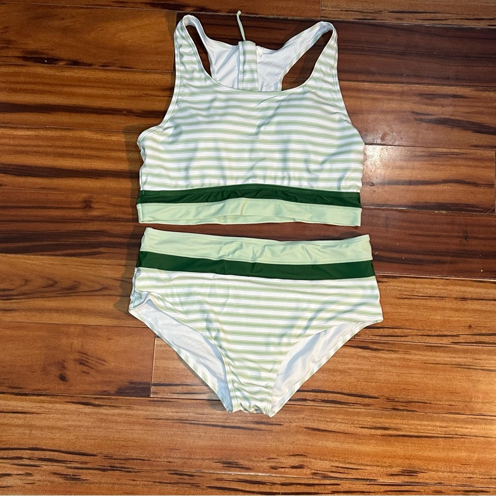 SHEIN Light Green & Dark Green Striped Tank High-Waist Bikini